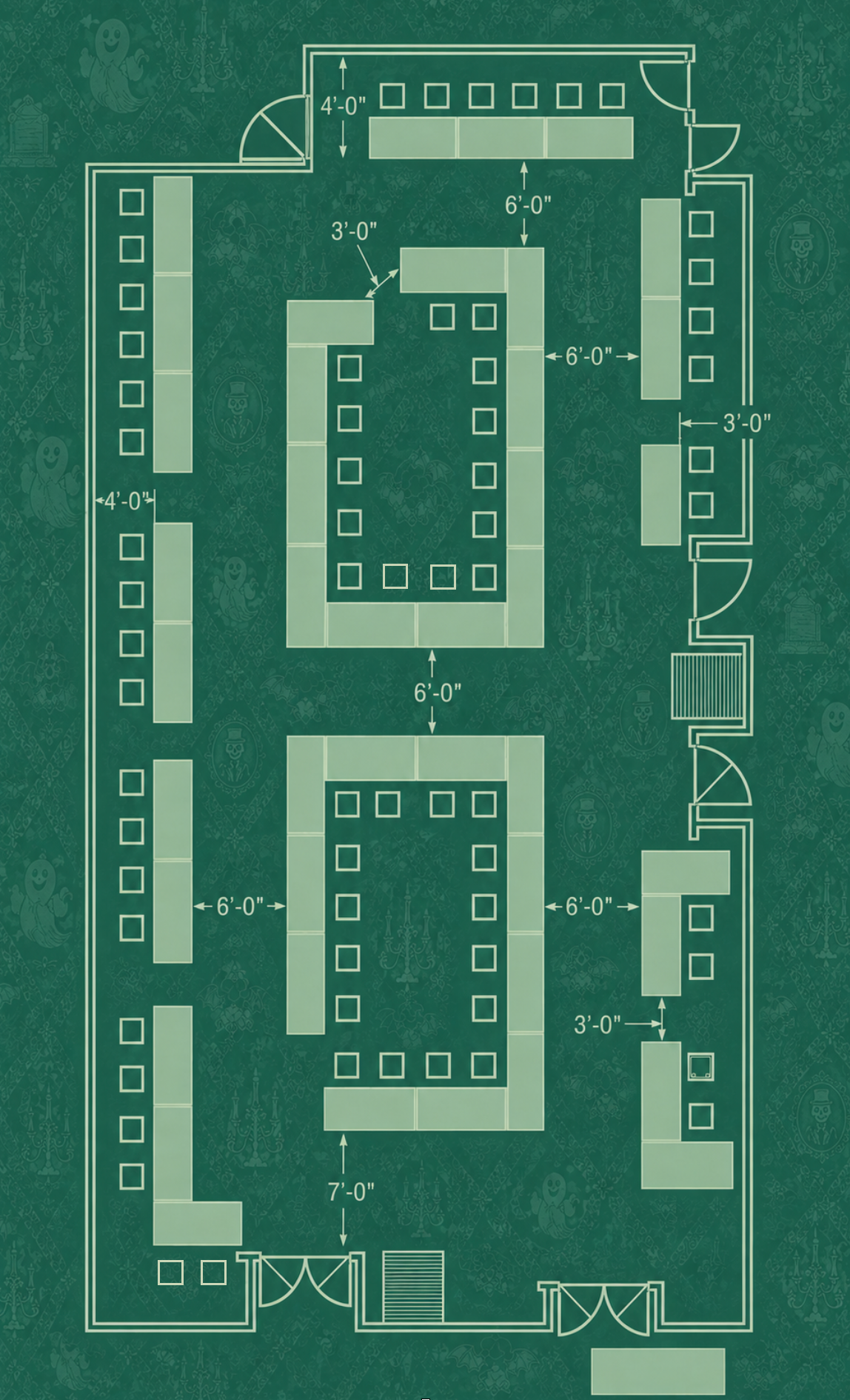 Event room seating chart with vendor table blocks, chair positions, doors, walkways, and spacing measurements.